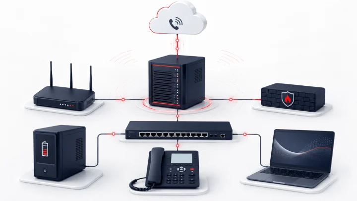 تجهیزات راه‌اندازی سیپ ترانک شامل IP-PBX روتر فایروال و تلفن IP