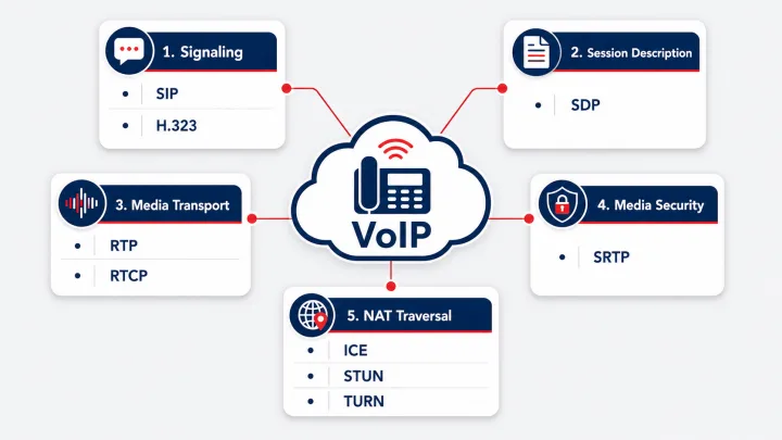 دسته‌بندی انواع پروتکل‌های VoIP شامل SIP، RTP، SRTP، SDP و H.323