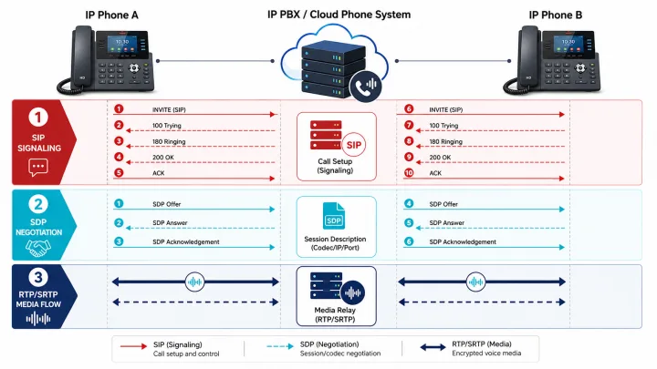 نحوه همکاری پروتکل‌های SIP، SDP و RTP در تماس VoIP